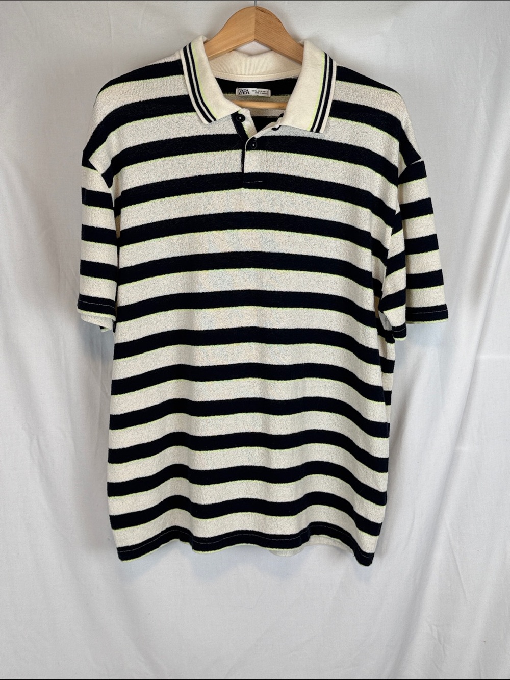 Men's Zara  WhiteNavy and Green Textured Knit 2 Button Polo Shirt Size XL